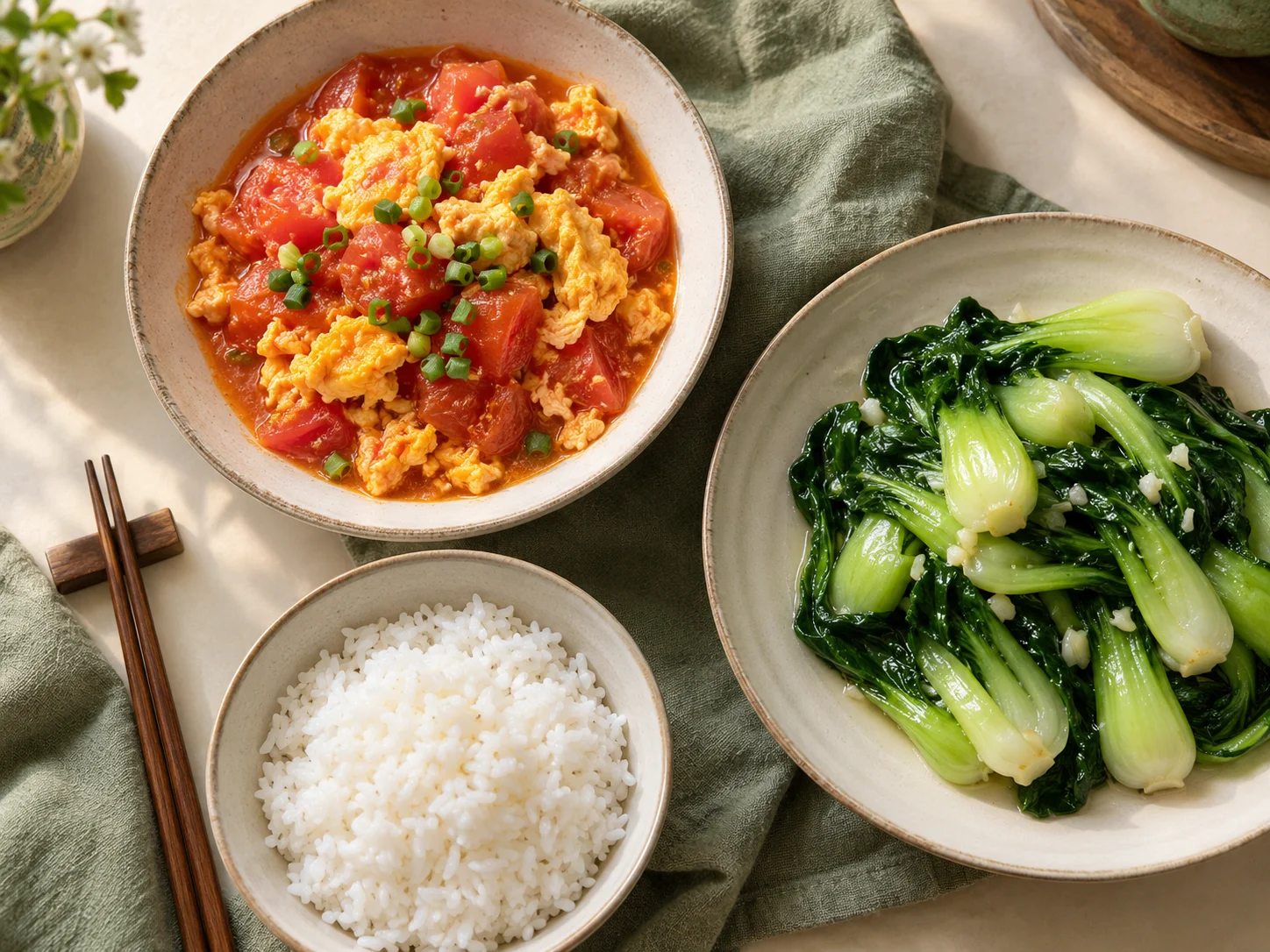 暖阳下摆着米饭、番茄炒蛋和蔬菜的家常餐桌
